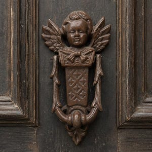 May include: A dark brown metal door knocker featuring a sculpted cherub with wings, a bow detail, and a diamond-patterned base. The knocker is mounted on a dark, weathered wooden door with vertical paneling and visible wood grain texture.
