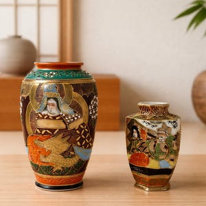 Puede incluir: Dos jarrones japoneses decorativos pintados a mano. El jarrón más grande presenta una figura con un dragón en tonos dorados, marrones, naranjas y azules. El jarrón más pequeño tiene un diseño similar con figuras en un paisaje.