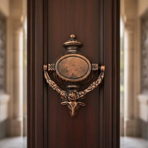 Può includere: Primo piano di un battente in bronzo con un centro ovale e dettagli floreali. Il battente è montato su una porta di legno marrone scuro. È visibile una maniglia in ottone.