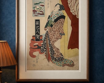 Grabado japonés antiguo en madera: Escena de interior con geishas, era Meiji, arte Bijin ga, década de 1890.