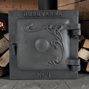 Antique Husqvarna No.21 Cast Iron Stove Door – Ornate Swedish Fireplace Hatch