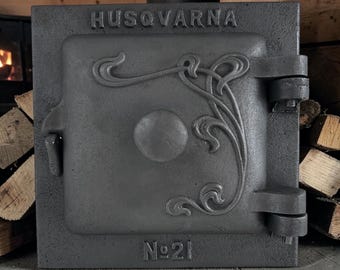 Sportello per stufa antica Husqvarna n. 21 in ghisa – Sportello decorato per camino svedese