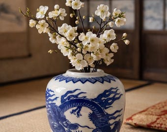 Vaso giapponese con drago blu e bianco – Base firmata, porcellana vintage, splendido design color cobalto