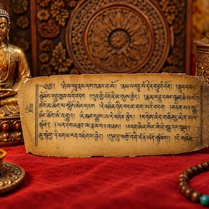 May include: A rectangular piece of aged, textured parchment paper featuring black Tibetan script. The paper is positioned centrally, flanked by a golden Buddha statue on the left and a metallic prayer wheel on the right, with a lit candle nearby.