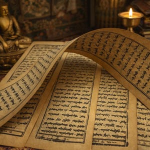 Könnte beinhalten: Geöffnete, gealterte Bücher mit handschriftlichem Text, möglicherweise ein religiöses Manuskript. Die Seiten haben eine warme, gealterte, bräunliche Farbe. Eine goldene Buddha-Statue und eine brennende Kerze deuten auf ein spirituelles Thema hin.