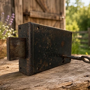 Peut inclure: Une serrure en applique rectangulaire en fer sombre et patiné, dotée d'un pêne saillant et d'une clé en métal insérée. Le boîtier métallique lourd et oxydé présente des traces d'usure avec des trous de fixation visibles aux quatre coins.