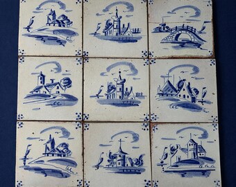 Juego de 9 azulejos antiguos de Delft azul cobalto pintados a mano por artesanos holandeses, con 3 azulejos de restauración de regalo.