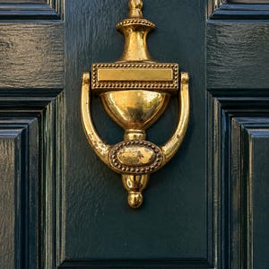 Könnte beinhalten: Ein Türklopfer aus poliertem Messing mit klassischem urnenförmigem Design und rechteckigem Namensschildbereich, montiert an einer dunkelwaldgrünen Kassettentür. Das Metall weist perlenartige Randverzierungen und ein ovales Mittelstück auf.