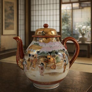 Può includere: Teiera giapponese decorativa con una scena dipinta dettagliata di figure in abiti tradizionali. La teiera ha un coperchio e dettagli dorati, un manico e un beccuccio marroni, ed è appoggiata su un tavolo di legno. Circa 20 cm di altezza.