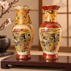 Par de jarrones miniatura vintage estilo Satsuma japonés – Decoración dorada pintada a mano, 15 cm