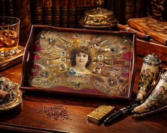 Vassoio antico con etichetta per sigari – Collage vittoriano di tabacco, arredamento per studio da gentiluomo, circa 1900