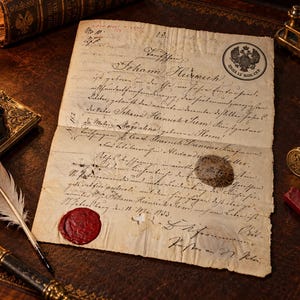 May include: An aged, off-white document with handwritten German cursive script, featuring a circular black stamp with a double-headed eagle, a red wax seal, and a faint circular impression. The paper has visible creases and weathered edges.