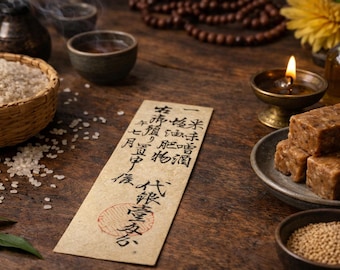 Antica ricevuta di offerta buddista Edo giapponese con calligrafia da tempio.