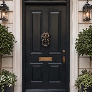 May include: A black paneled front door featuring a bronze lion head door knocker, a rectangular brass mail slot, and a matching brass keyhole plate. The door is flanked by two black metal lanterns and two potted green shrubs on a stone step.