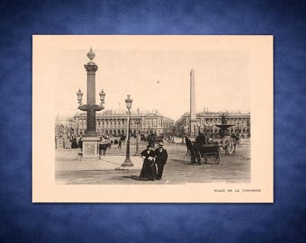 Fotografía antigua de París de 1907 – Place de la Concorde Impresión en sepia Escena callejera francesa