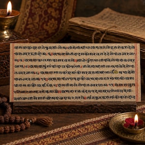 May include: A rectangular piece of textured paper featuring dense black and red Devanagari script, displayed upright on a dark wooden stand. The paper has a light tan, aged appearance with visible fibres, and the text is arranged in neat horizontal lines.