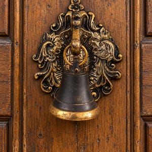 May include: A dark metal bell hangs from a decorative gold-toned metal wall mount featuring ornate scrollwork and leaf-like patterns. The bell has a smooth, dark body with a wide, polished gold-toned rim, suspended by a circular ring on a wooden door.