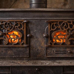 Vintage Cast Iron Fireplace Panels – Ornate Scrollwork Stove Doors, Rustic Architectural Salvage Style