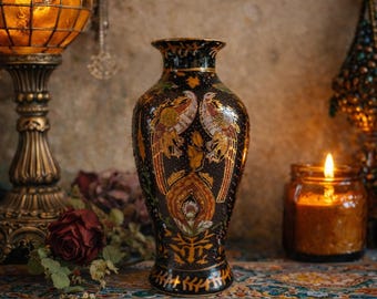 Vaso antico in smalto stile boho – Uccelli dipinti a mano, decorazione orientalista dorata, 15 cm