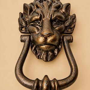 May include: A bronze-coloured metal door knocker featuring a detailed lion head sculpture with a textured mane and a U-shaped swinging handle. The piece has a weathered, dark finish with highlights on the raised surfaces of the lion's face.
