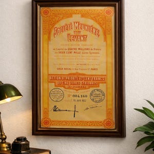 Framed Antique French Financial Certificate – 1922 Paris Document