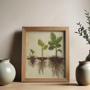 Peut inclure: Une impression botanique encadrée illustre les étapes de croissance d'une plante, avec des racines et des feuilles vertes et brunes. L'œuvre est posée sur une surface en bois, accompagnée de deux vases vert clair et d'un grand vase avec de la verdure.