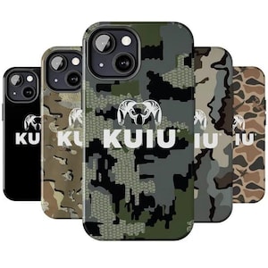 May include: A collection of phone cases with a camouflage pattern in various shades of green, brown, and black. Each case features the white text "KUIU" and a ram logo. The cases are designed to fit a smartphone.