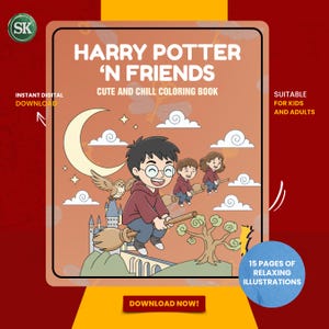 May include: A digital coloring book cover featuring Harry Potter and friends. The illustration shows Harry on a broomstick with friends, an owl, a castle, and a crescent moon. Text includes "Harry Potter 'N Friends" and "Cute and Chill Coloring Book."