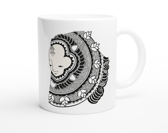Kubek w stylu boho z abstrakcyjną twarzą | Kubek z mandalą w stylu zentangle | Duchowy kubek do kawy | Prezent artystyczny z jogą i uważnością