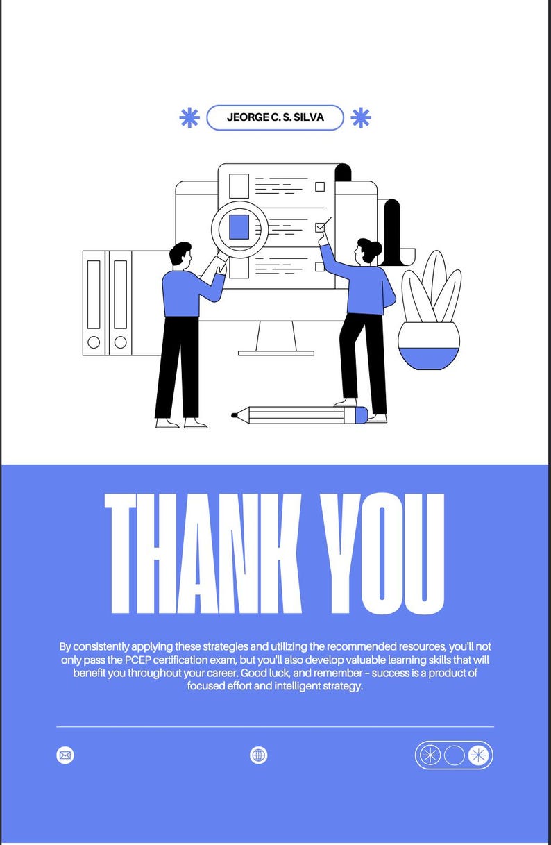 Puede incluir: Un gr&aacute;fico azul y blanco con el texto "GRACIAS". La imagen presenta ilustraciones de personas que interact&uacute;an con una pantalla de computadora, un l&aacute;piz y una planta. Tambi&eacute;n se muestra el nombre "JEORGE C. S. SILVA".