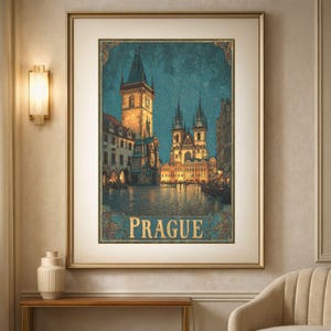 Prague Old Town Square Art Nouveau Print | Astronomical Clock Tower Twilight Wall Art | Czechia Vintage Travel Poster | Art Deco Home Decor