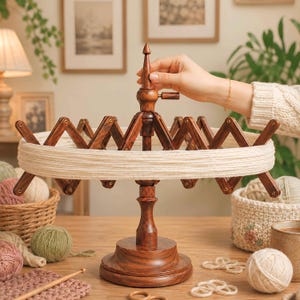 Può includere: Un arcolaio in legno marrone scuro con un telaio regolabile a fisarmonica che sostiene un'ampia matassa di filato color crema. Il dispositivo presenta un perno verticale centrale con punta e una base circolare per avvolgere il filo.