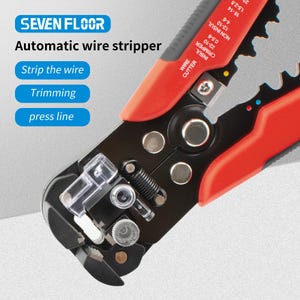 May include: An automatic wire stripper tool with red and black handles, featuring metal jaws, a small spring, and printed text including SEVEN FLOOR, Automatic wire stripper, Strip the wire, Trimming, and press line, along with wire gauge markings.