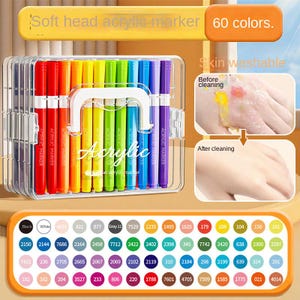 K&ouml;nnte beinhalten: Ein durchsichtiges Kunststoffetui enth&auml;lt 60 Acrylmarker mit weicher Spitze in verschiedenen Farben. Die Marker sind mit "Acrylic Marker" beschriftet und sind hautwaschbar. Eine Farbtabelle mit Nummern wird darunter angezeigt.