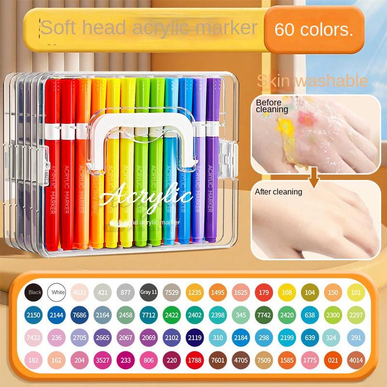K&ouml;nnte beinhalten: Ein durchsichtiges Kunststoffetui enth&auml;lt 60 Acrylmarker mit weicher Spitze in verschiedenen Farben. Die Marker sind mit "Acrylic Marker" beschriftet und sind hautwaschbar. Eine Farbtabelle mit Nummern wird darunter angezeigt.
