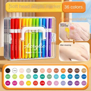 K&ouml;nnte beinhalten: Ein Set mit 36 Acrylmarkern mit weicher Spitze in einem transparenten Kunststoffetui. Die Marker sind in einem Regenbogen von Farben angeordnet, mit dem Text "Acrylic" auf der Seite. Das Bild zeigt auch eine Farbkarte mit verschiedenen Farbcodes.