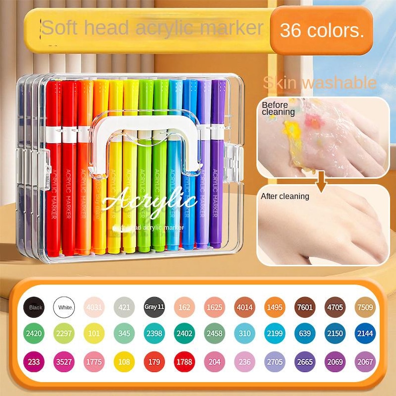 K&ouml;nnte beinhalten: Ein Set mit 36 Acrylmarkern mit weicher Spitze in einem transparenten Kunststoffetui. Die Marker sind in einem Regenbogen von Farben angeordnet, mit dem Text "Acrylic" auf der Seite. Das Bild zeigt auch eine Farbkarte mit verschiedenen Farbcodes.