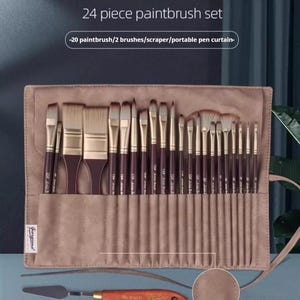 Künstlerpinsel Set: 24 Pinsel mit Holzgriff und Schaber