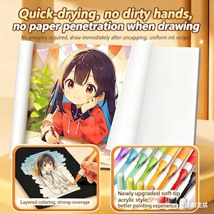 K&ouml;nnte beinhalten: Werbebild f&uuml;r Zeichenstifte. Das Bild zeigt ein Anime-M&auml;dchen beim Zeichnen. Der Text lautet: "Schnell trocknend, keine schmutzigen H&auml;nde, kein Eindringen von Papier beim Zeichnen". Die Stifte haben eine weiche Spitze.