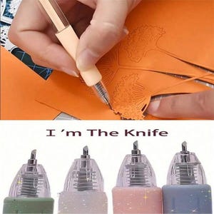 May include: A craft knife with a pen-like body and a sharp metal tip, shown cutting orange paper with a floral design. Below, four craft knives in green, white, pink, and blue with clear caps and internal springs are displayed with the text I'm The Knife.