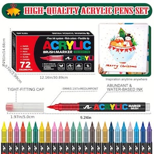 以下が含まれることがあります： High-Quality Acrylic Pens Setと書かれた赤と黒の箱に入った72本のアクリル筆ペンセット。赤いペン先を持つマーカー1本、透明なキャップ、そして色とりどりのマーカーが並んでいる様子が示されています。
