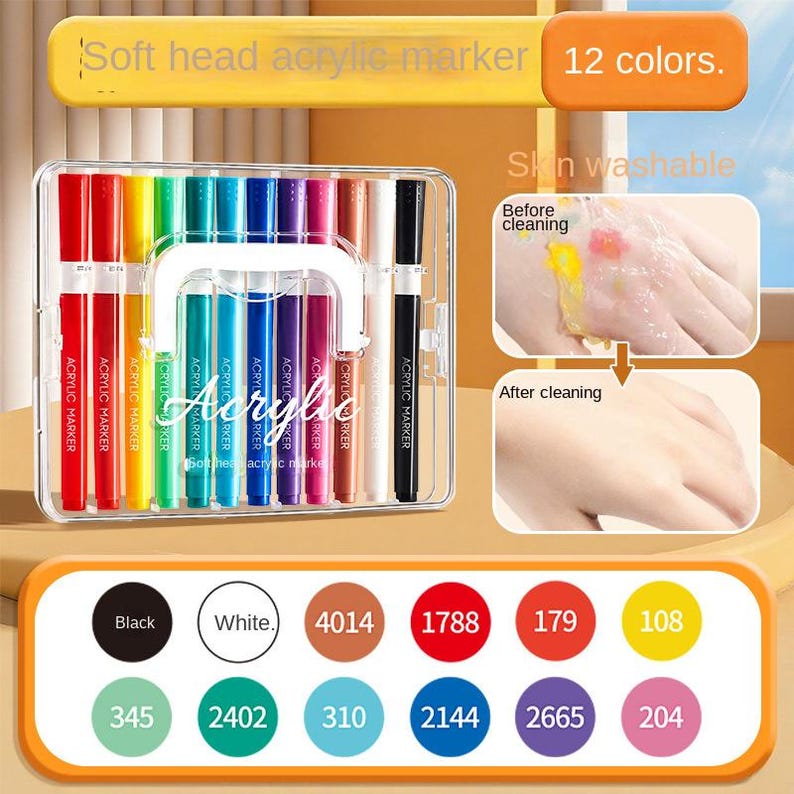 K&ouml;nnte beinhalten: Eine transparente Kunststoffbox mit 12 Acrylmarkern in verschiedenen Farben. Die Marker sind mit "Acrylic Marker" beschriftet und haben weiche Spitzen. Das Bild zeigt auch die Waschbarkeit auf der Haut mit Vorher-Nachher-Beispielen.