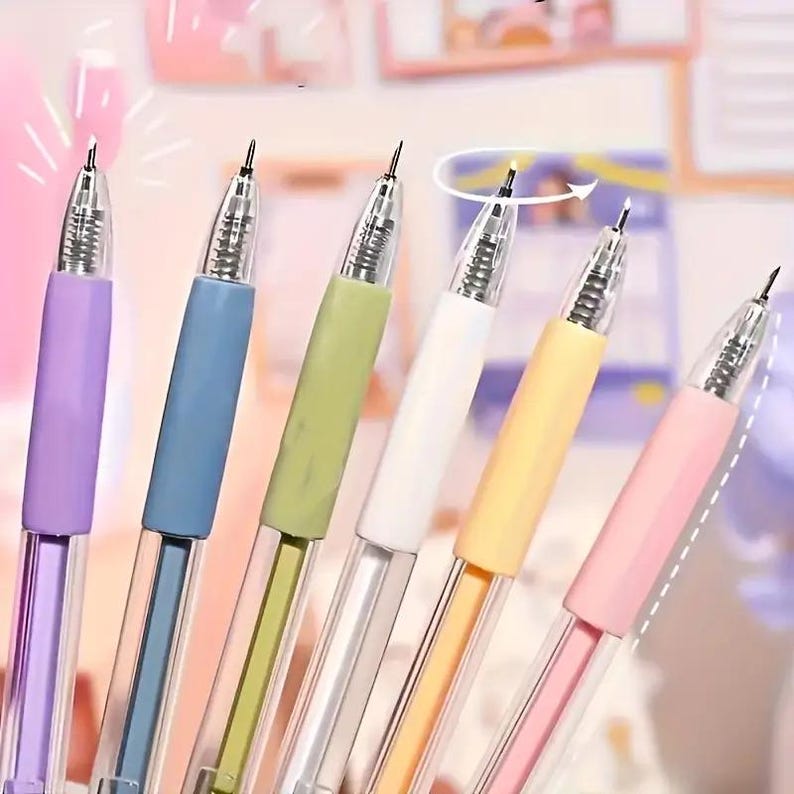 May include: A set of six retractable gel pens featuring pastel-colored grips in purple, blue, green, white, yellow, and pink. Each pen has a clear plastic barrel, a visible internal spring mechanism, and a fine metal tip for precise writing.