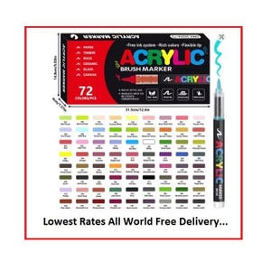 May include: A set of 72 acrylic brush markers in a black and red box measuring 14.8 cm by 31.5 cm. The packaging displays the text Acrylic Brush Marker, lists compatible surfaces like paper and glass, and includes a color chart with 72 distinct swatches.