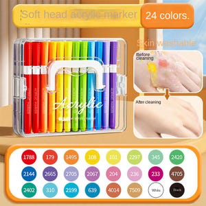 K&ouml;nnte beinhalten: Ein klarer Kunststoffkoffer mit 24 Acrylmarkern in verschiedenen Farben. Die Marker sind mit "Acrylic Marker" beschriftet. Das Bild zeigt auch eine Farbkarte und eine Demonstration der Hautwaschbarkeit.