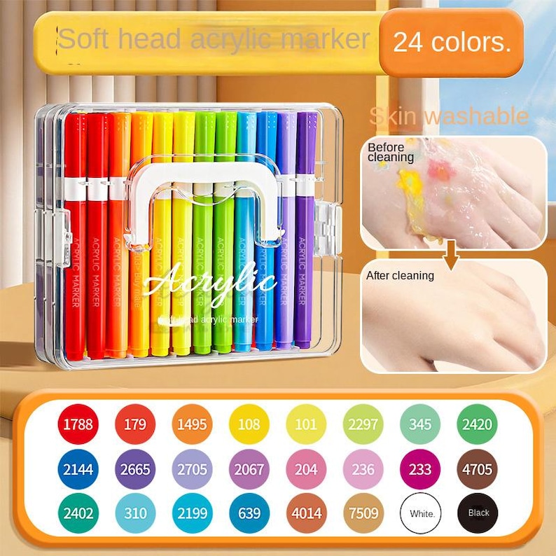 K&ouml;nnte beinhalten: Ein klarer Kunststoffkoffer mit 24 Acrylmarkern in verschiedenen Farben. Die Marker sind mit "Acrylic Marker" beschriftet. Das Bild zeigt auch eine Farbkarte und eine Demonstration der Hautwaschbarkeit.
