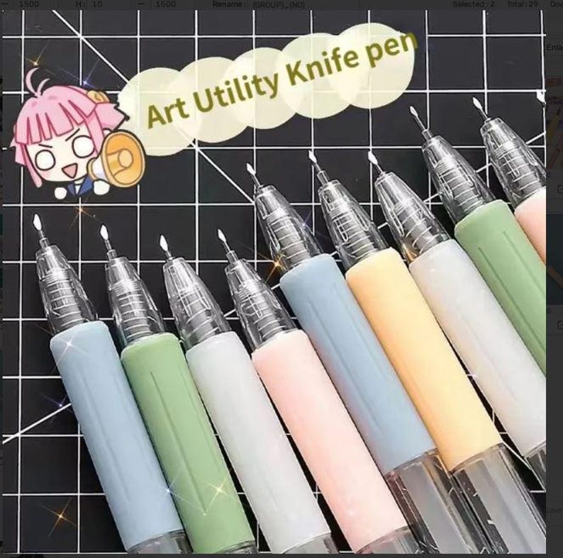 May include: A collection of art utility knife pens in various pastel colors including light blue, sage green, white, soft pink, and yellow. Each pen features a clear plastic tip with a small metal blade and a matte-finish grip. Text reads Art Utility Knife pen.