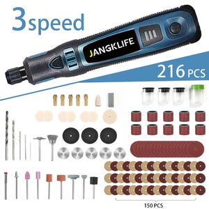 May include: A blue and black cordless rotary tool with the text JANGKLIFE and 3 speed settings, accompanied by a 216-piece accessory kit including drill bits, sanding bands, grinding stones, wire brushes, and cutting discs for various tasks.