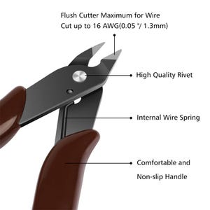 May include: Flush wire cutters with dark brown handles, a black metal head, and a silver rivet. Text labels indicate a maximum wire cut capacity of 16 AWG (0.05 inches / 1.3 mm), a high quality rivet, an internal wire spring, and a non-slip handle.