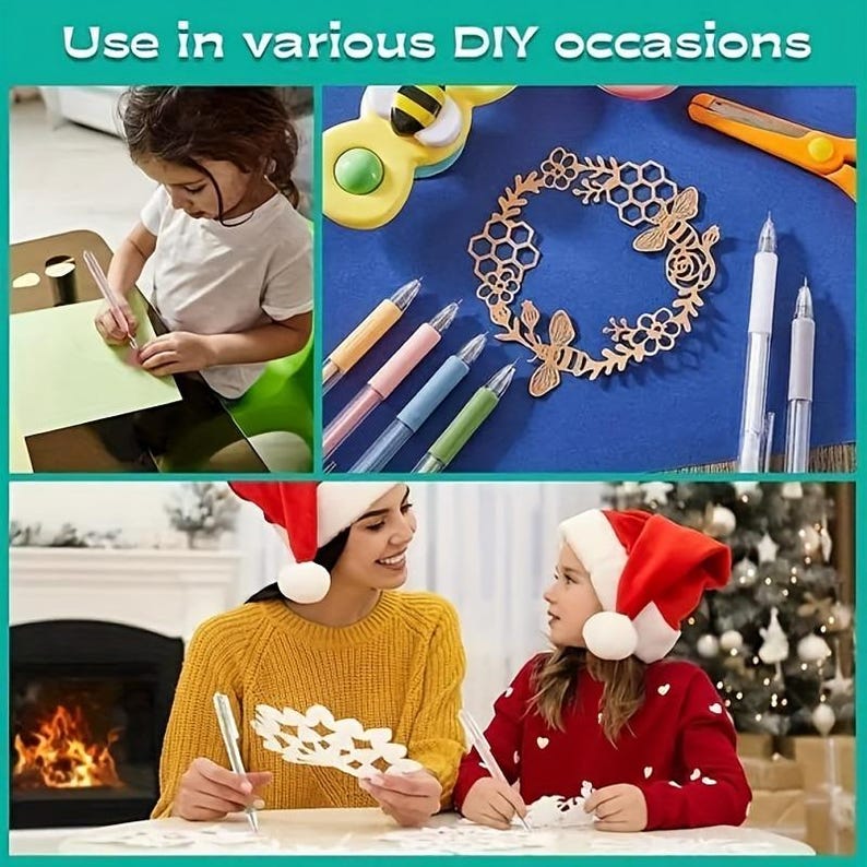 May include: A craft set featuring a laser-cut wooden bee and honeycomb wreath, multiple colored pens, and orange scissors. The image displays the text Use in various DIY occasions and shows individuals using the pens for paper crafting projects.